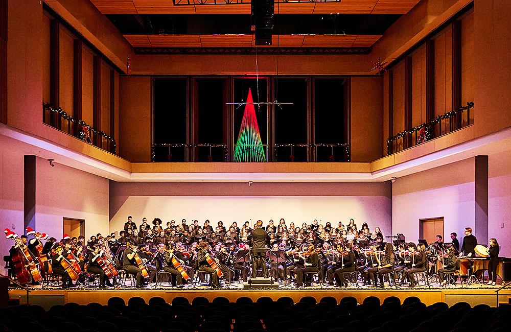 bailey school of music, morgan concert hall, decorated for the holidays